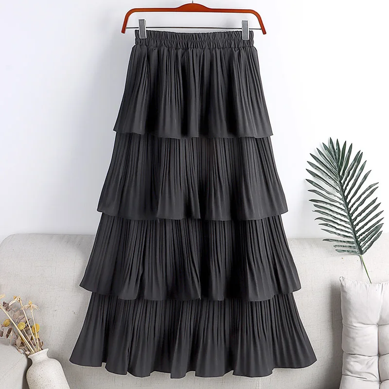 Qooth Women Fairy 4 Layered Ruffles A-line Skirt Casual Solid Color High-waisted Pleated Cake Skirt For Spring Summer QT1683