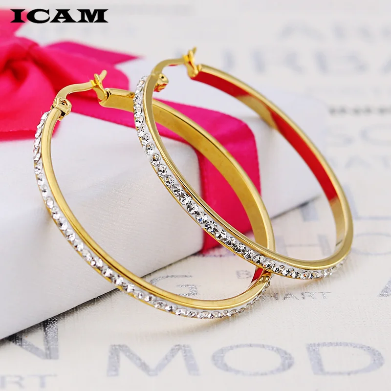 ICAM 2018 New Fashion Bling Bling Hoop Earrings For Women Shiny Crystal Hollow Round Circle Ear Jewelry Gift For Wedding Brincos