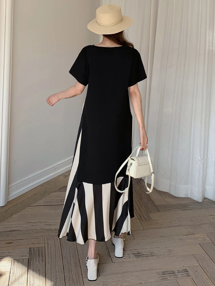 فستان صيفي NYFS 2025 فضفاض مقاس كبير مقسم   فساتين طويلة بحاشية مخططة رداء Elbise بأكمام قصيرة على الطراز الكوري فستان نسائي #2