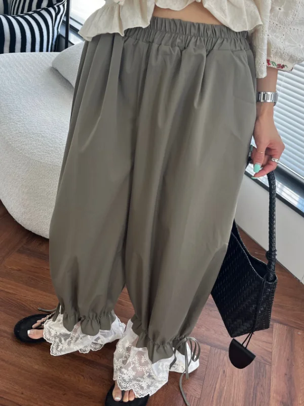 Casual Lace Trim Elastic Waist Women's Wide Leg Pants Loose Fit Slimming Trousers Fashionable Cuffed Design Sense Loose Fit