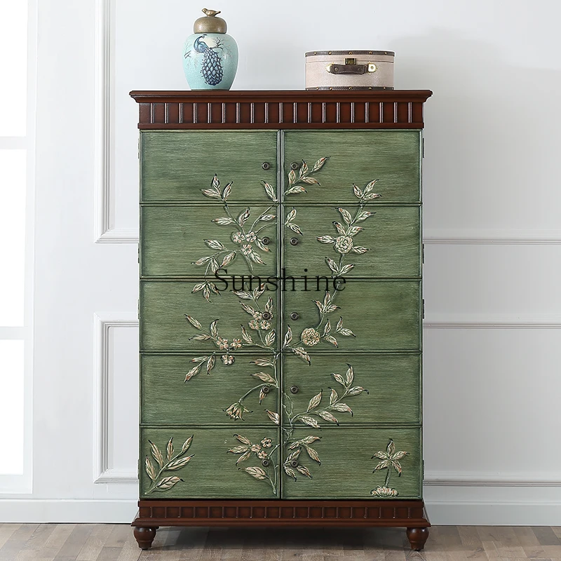 American rural four-door retro green painted entrance Mediterranean storage side shoe cabinet