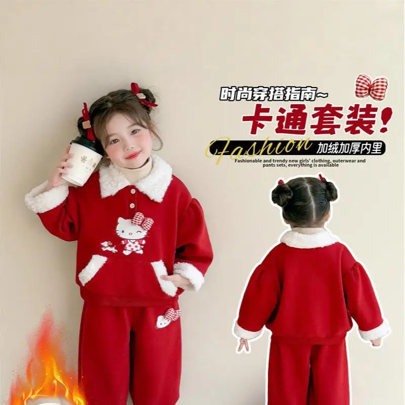 سانريو مرحبا كيتي رشاقته هوديي قطعتين مجموعة فتاة الشتاء بلايز السراويل الطفل Kawaii أنيمي الكرتون موضة ملابس كاجوال جديدة