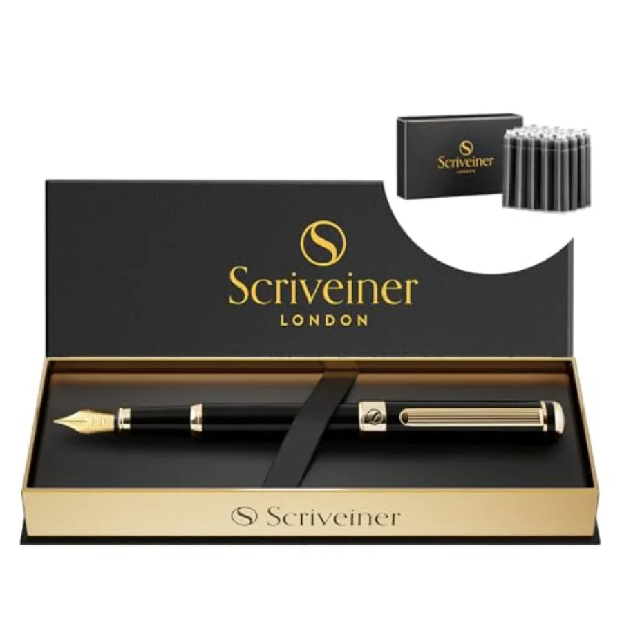 

Luxury Fountain Pen - Stunning Black Lacquer Pen Real Gold Plating Schmidt Gilded Nib Broad Bundle with Fountain Pen Ink Cartri
