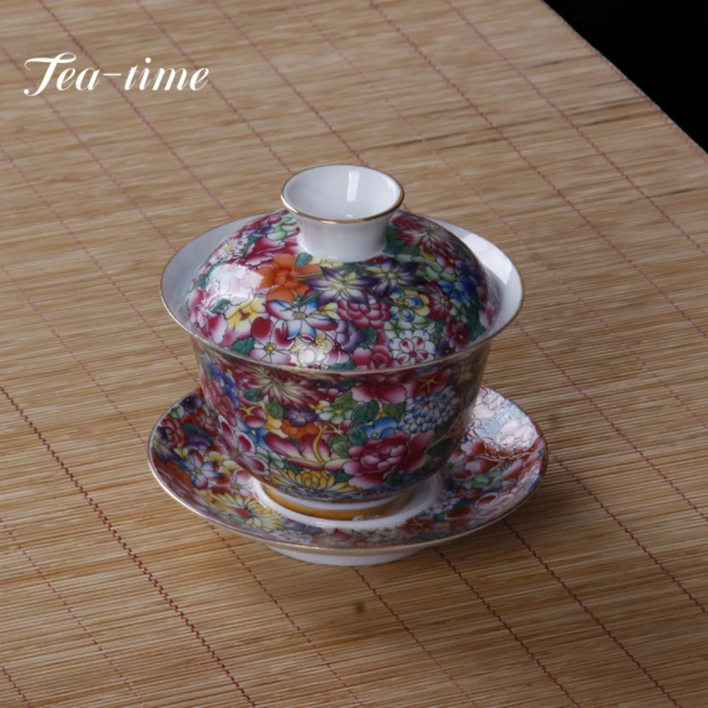 220ml Enamel Color Painted Golden Gaiwan Antique Tea Bowl Porcelain Bowls Tea Tureen Tea Brewing Cover Bowl Cafes Accessories