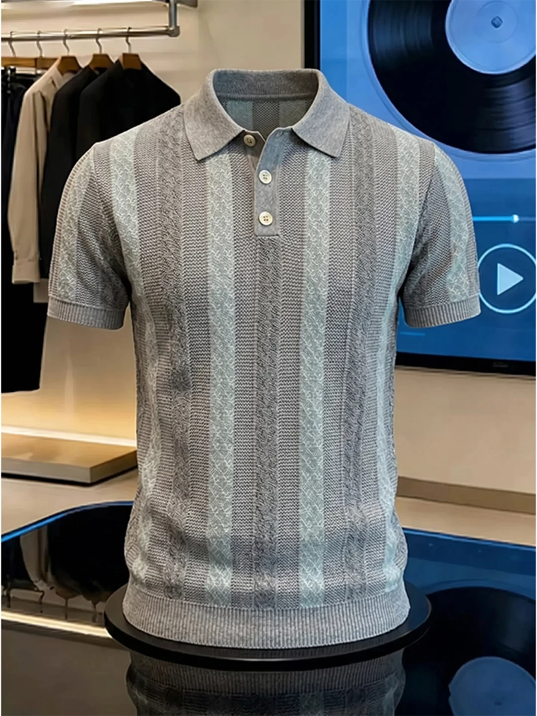 American Stripe Knitted Short Sleeve Men's Summer Thin Ice Silk Texture  Shirt Breathable Loose Fit round Neck T-Shirt