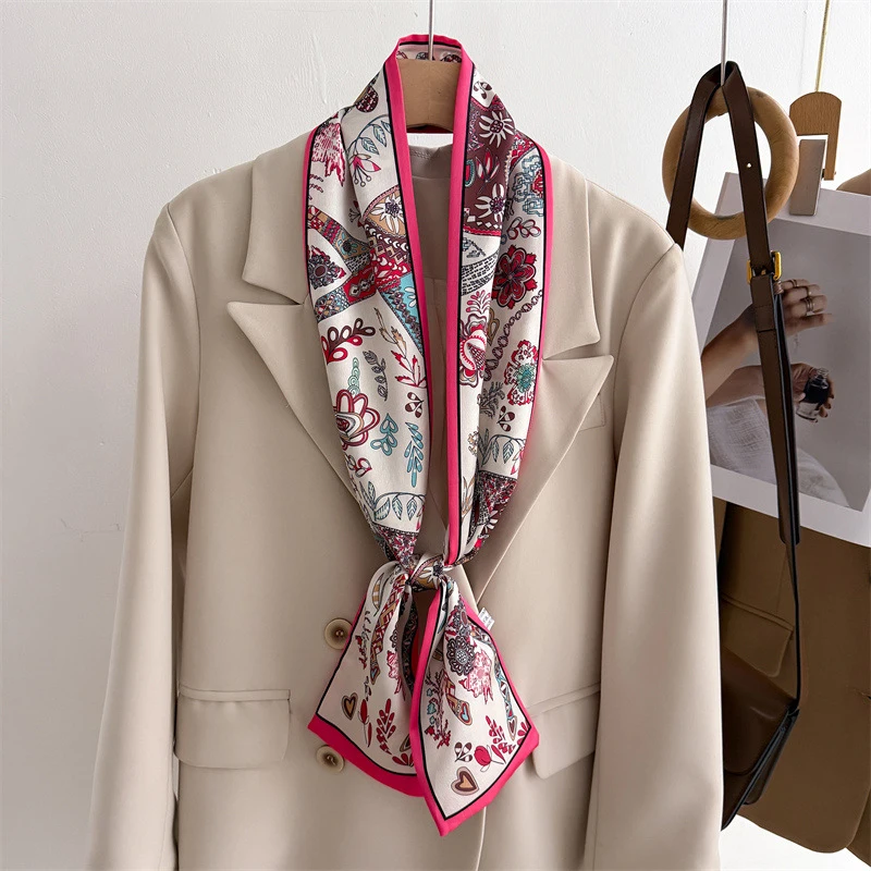 45 Color Women Silk Feel Printed Design Scarf Shawl Fashion Luxury Long Narrow Small Silk Scarves Lady Headband Choker Streamer