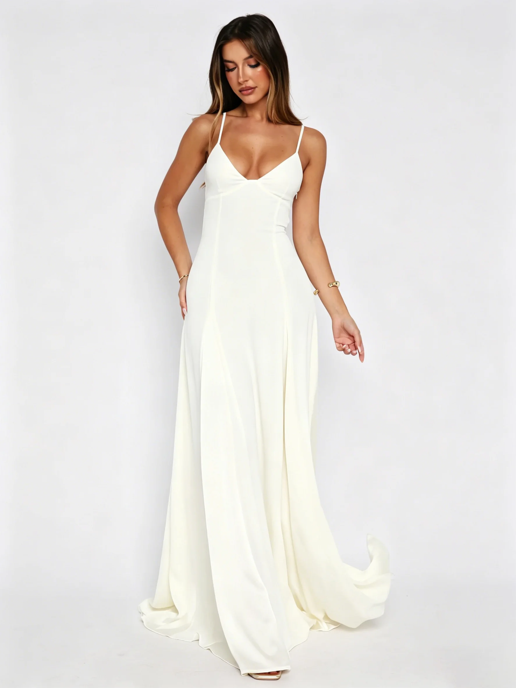 

White V neck Casual Vacation Long Dress Sleeveless Big Swing Solid Color Boho Slim Lady date Evening Party Dress