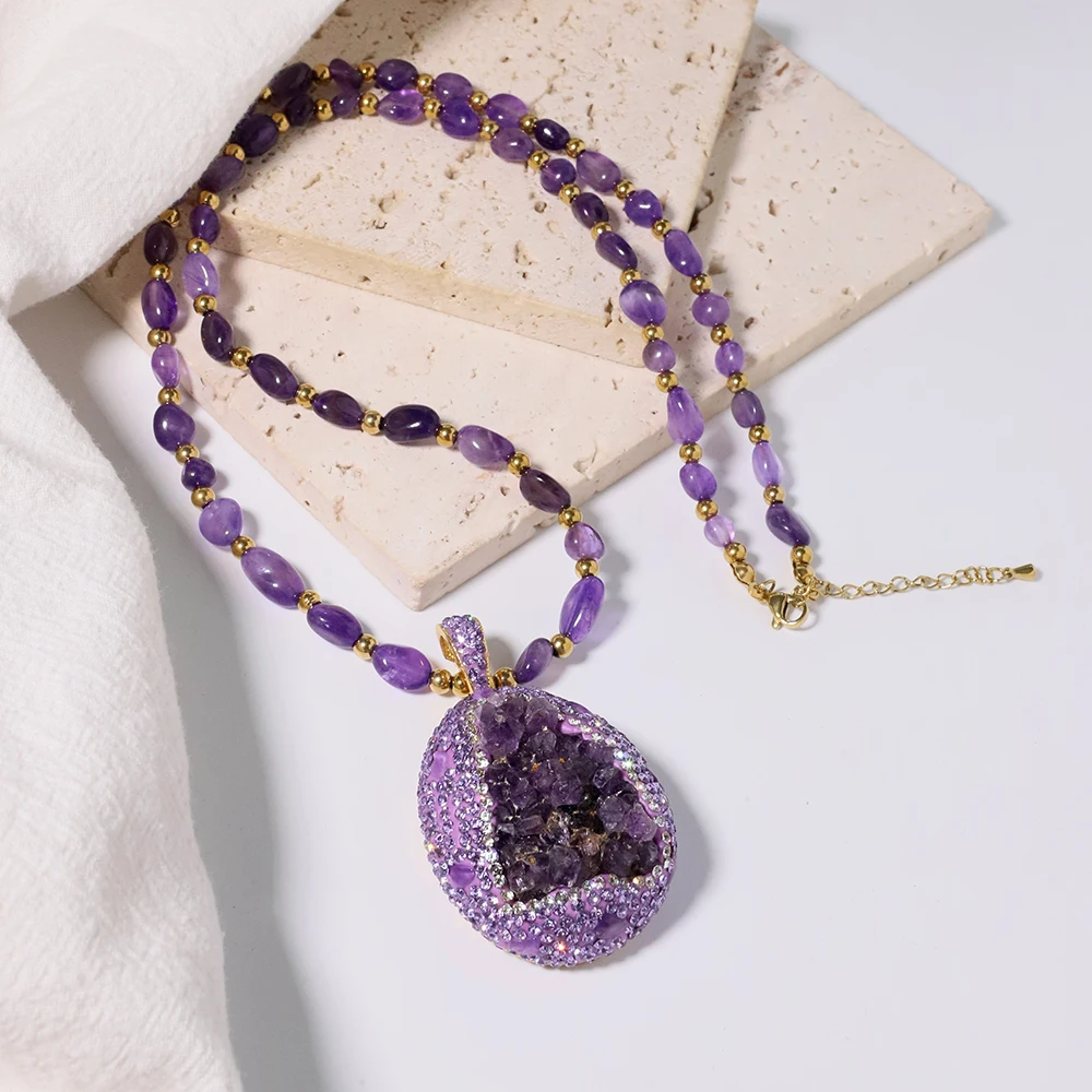 

Natural Amethyst Zircon Inlaid Pendant Necklace Korean Style Women Luxury Jewelry Fashion Ladies and Girls Gift GN0680