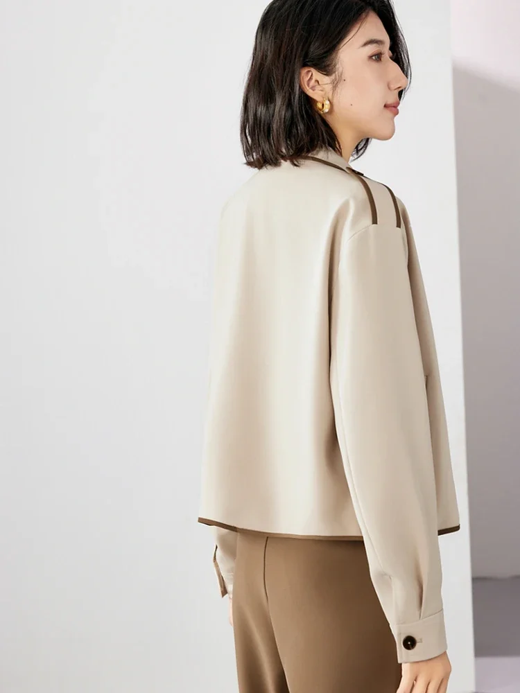 VIMLY Cropped Apricot Jackets Women 2025 Autumn England Style Contrast Notched Long Sleeve Coat Loose Button Female Jacket M2820