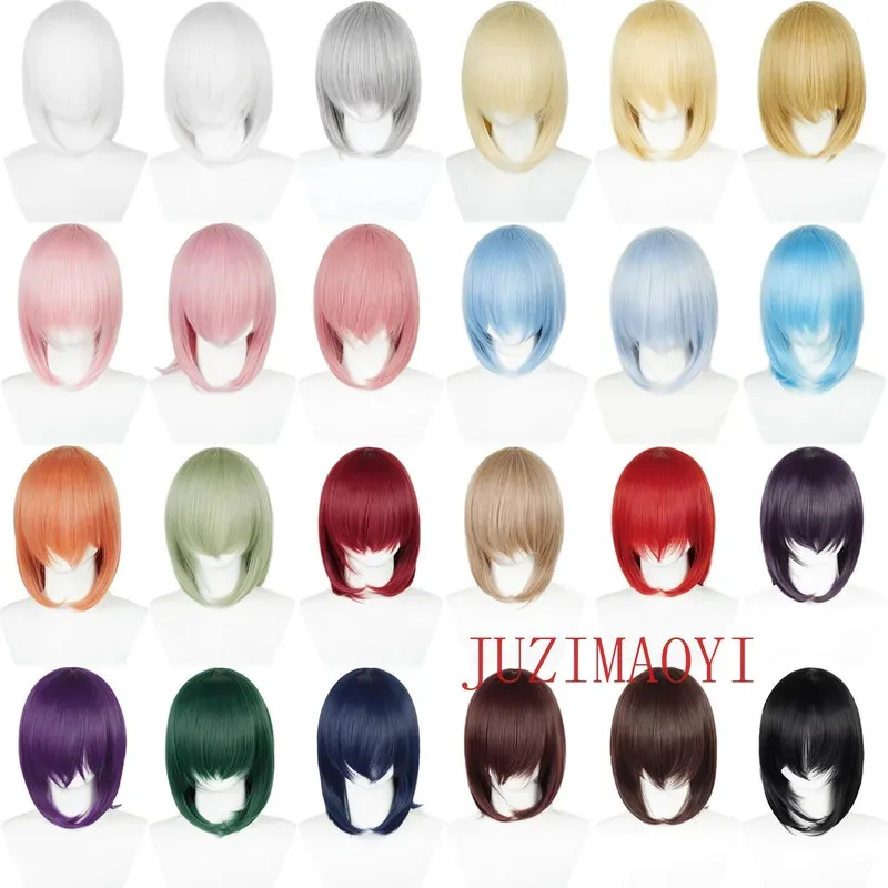 

Women Lolita Pink Red Blue Purple Cosplay Wigs 40cm Short Bob Wigs With Bangs Heat Resistant Synthetic Hair Universal Wigs