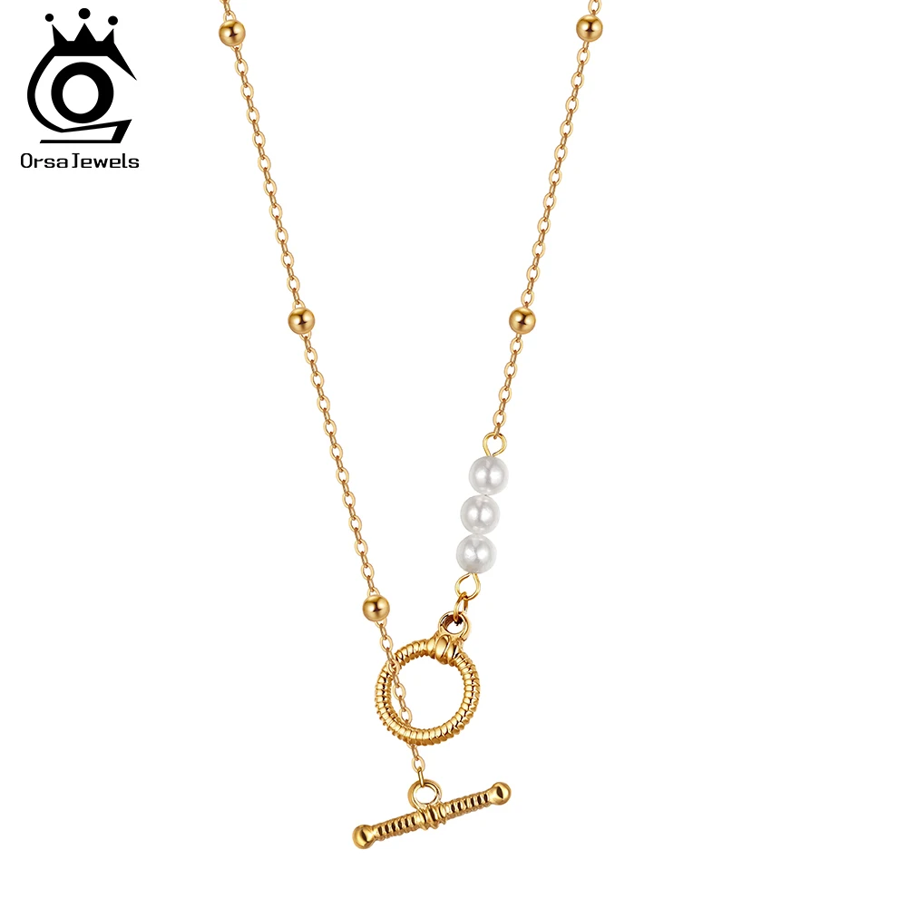 

ORSA JEWELS Модное круглое ожерелье из нержавеющей стали золотого цвета с подвеской OT, цепочка с бусинами, жемчужная цепочка OT, повседневные украшения STKN11