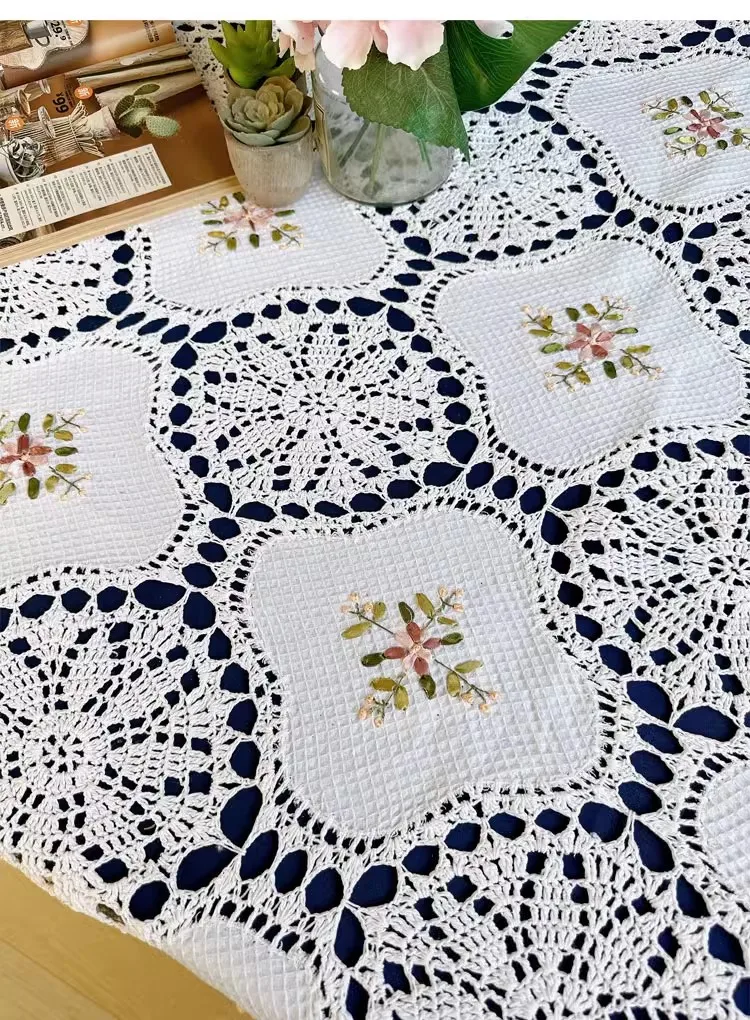 2025 free shipping crochet tablecloth with embroidery flower table coverlay ribbon flowers for home decor cotton lace towel mat