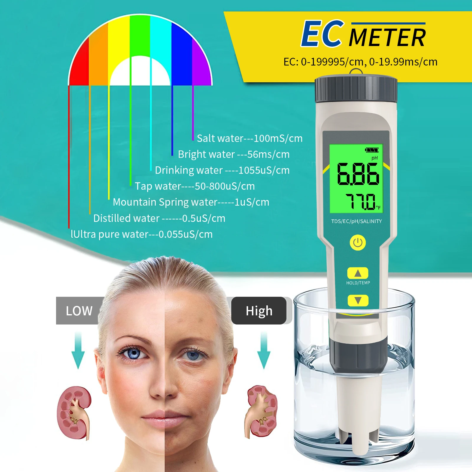 Testador de ph multifuncional, ph/ec/tds/salinidade/medidor de temperatura, testador de qualidade da água para aquário, água potável, piscina hidropônica