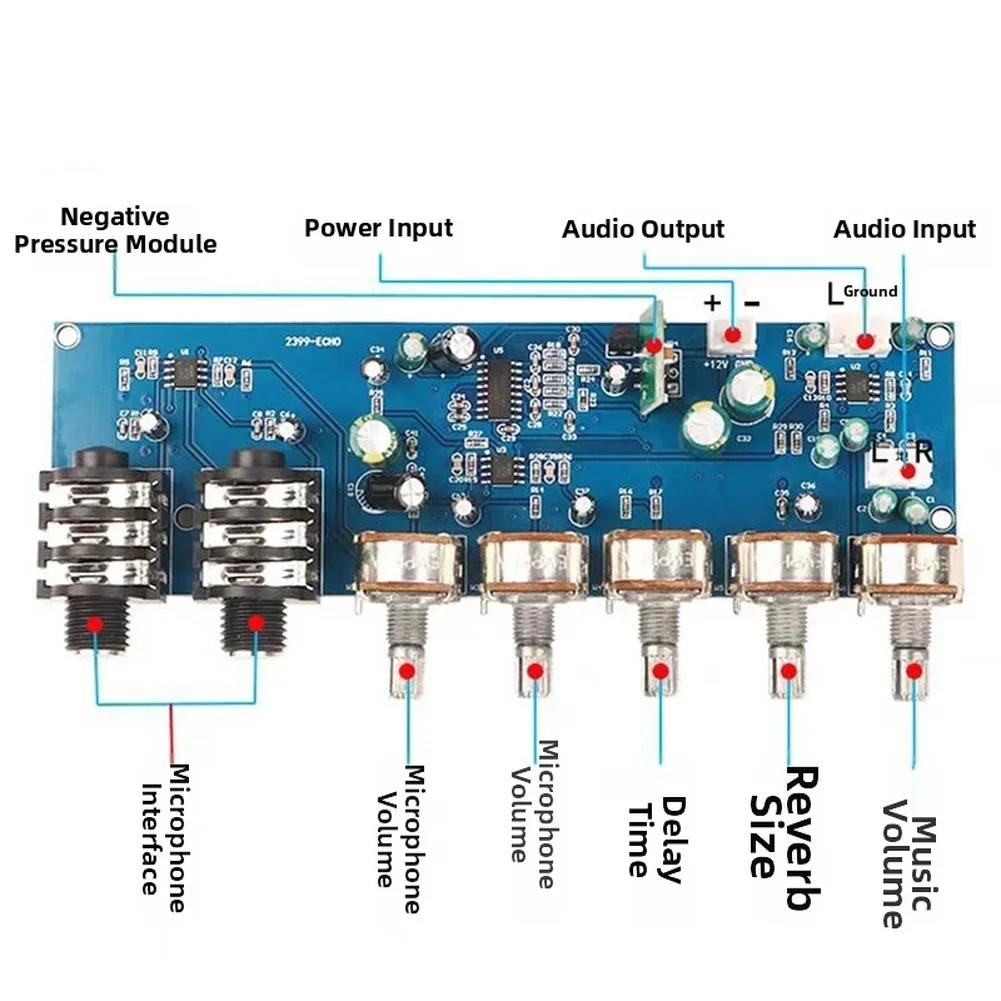 PT2399 Karaoke Microphone Preamp Board With For Echo Reverb Delay Effect Audio Mixer For DIY Sound System 12V DC Blue PCB