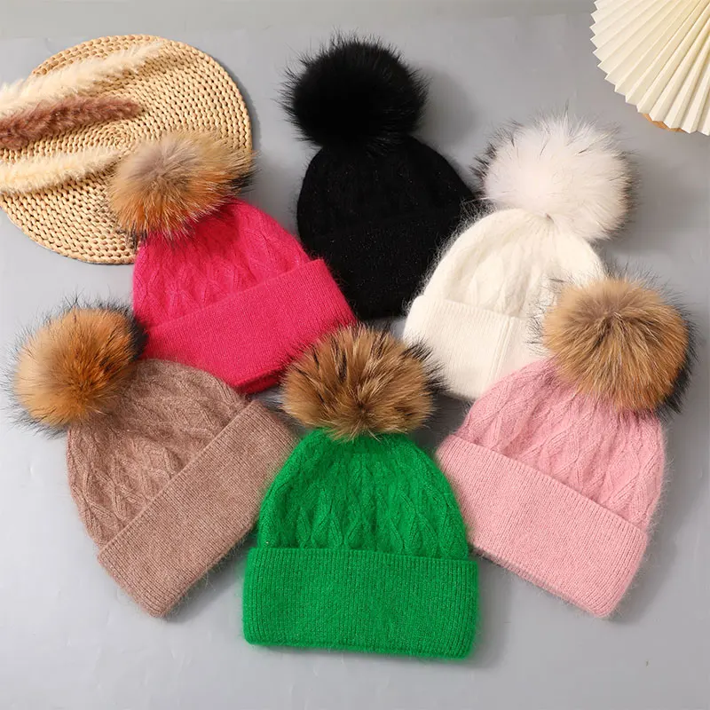 CNTANG-gorro de punto con pompón de piel de mapache Natural para mujer, gorro cálido de Angora de conejo, gorros de lana de invierno para mujer,