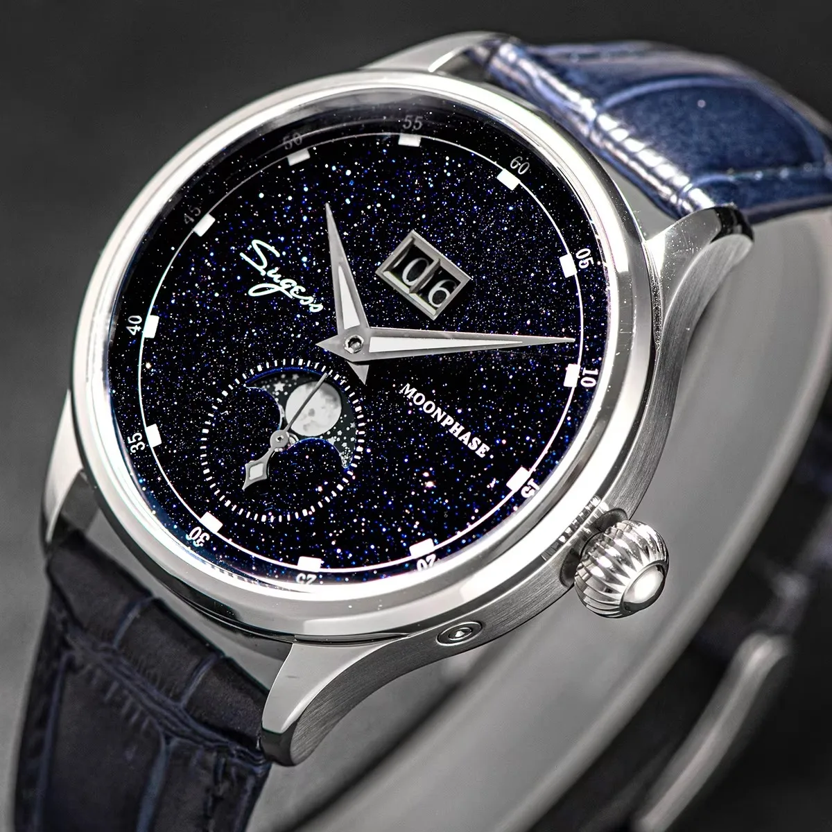 Sugess Luxury Men's Watch Moonphase Blue GoldStone Dial Tianjin 2528 Movement Stainless Steel Starry Sky Limited Edition V3 S401