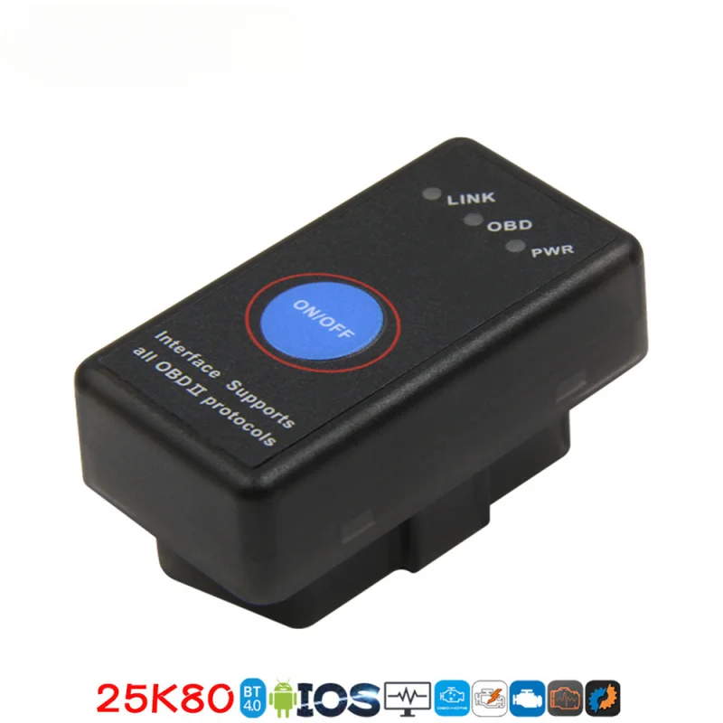 ماسح ضوئي للسيارة MINI ELM327 Obd2 بلوتوث 4.0 مع شريحة 25K80، مفتاح طاقة لنظام Android iOS