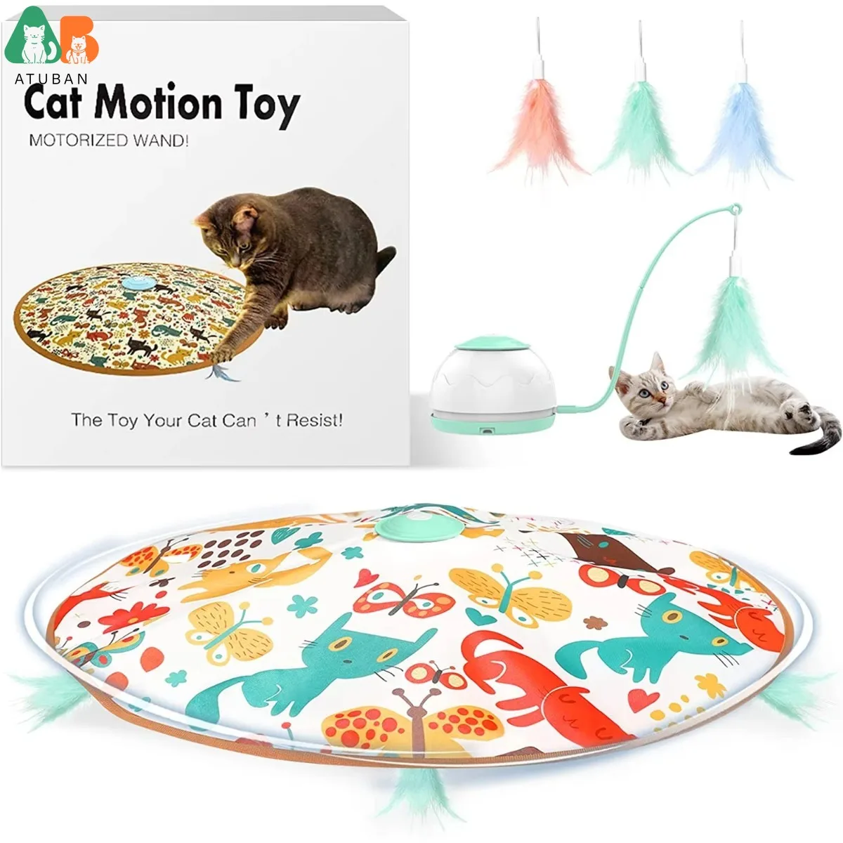 

ATUBAN Automatic Motion Cat Toys-4 Modes Interactive Motorized Wand Toys,3 Feathers,Electronic Exercise Pet Toy for Indoor Cats