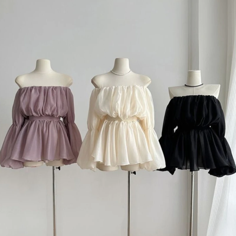 Damen 2026 Französischer Stil Off-Shoulder Bluse Koreanische Mode Puffärmel Schlanke Taille Märchenhafte Oberteile Lässiges Alltags-Trendiges Märchenhemd