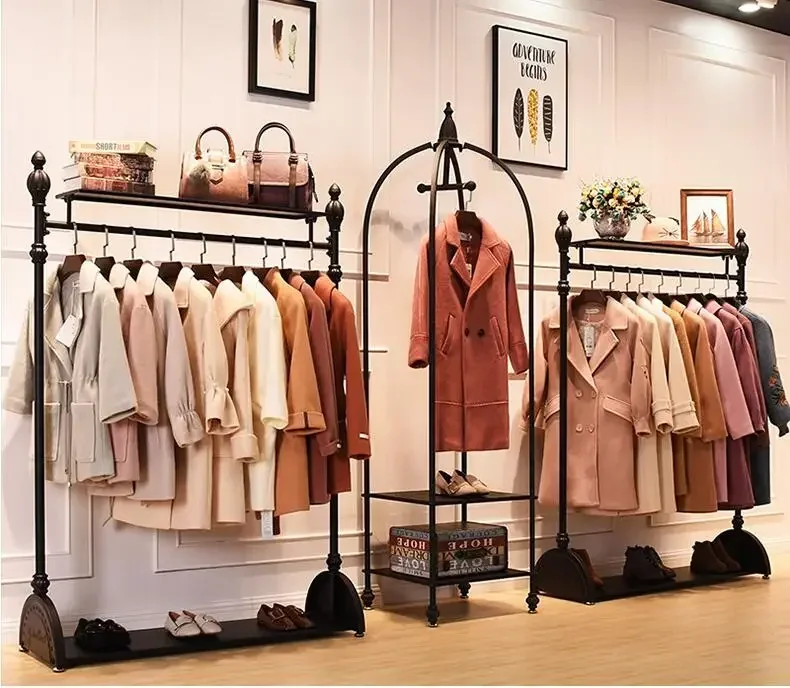 

Vintage clothing store display rack wall men's and women's clothing rack display rack european-style floor clothes shelf