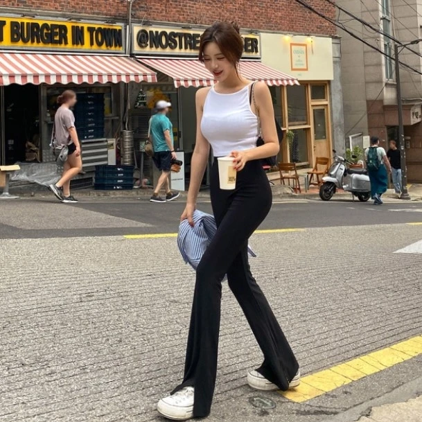 Taille haute élastique coupe ajustée pantalons longs pantalon tricoté décontracté taille haute jambe fendue pantalon Long décontracté femme Faion