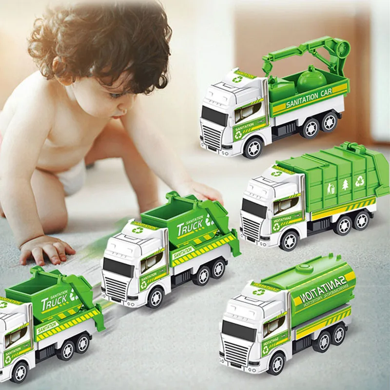 4Pcs/set Kids Toy Car Mini Pull Back Environmental Sanitation Vehicle Simulation Garbage Truck Model Boys Toys for Children Gift