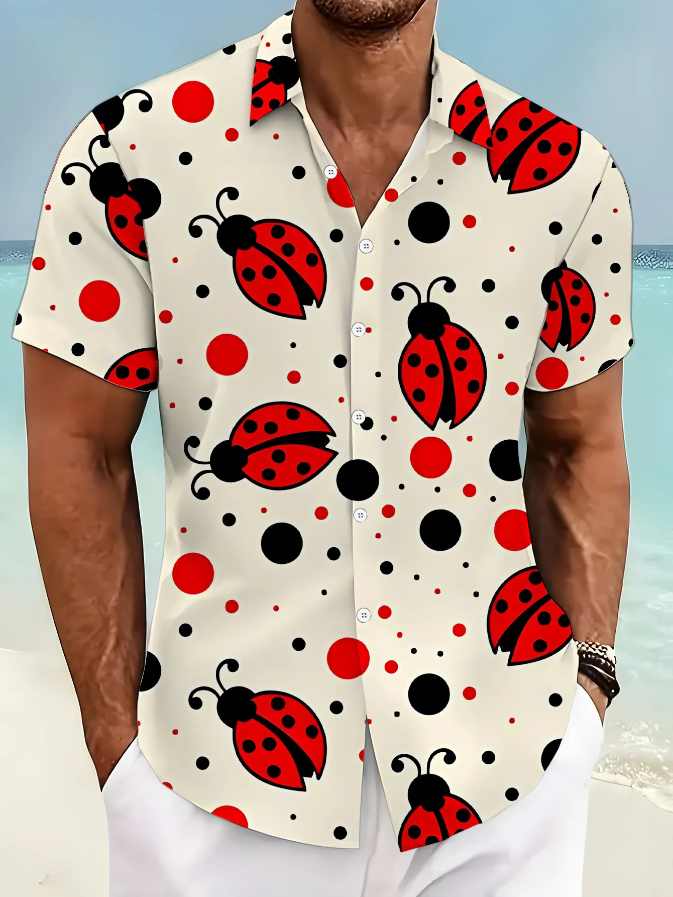 Men Short Sleeve Button Down Shirt Beige Ladybug Polka Dot Print Polyester Lapel Collar Casual Beach