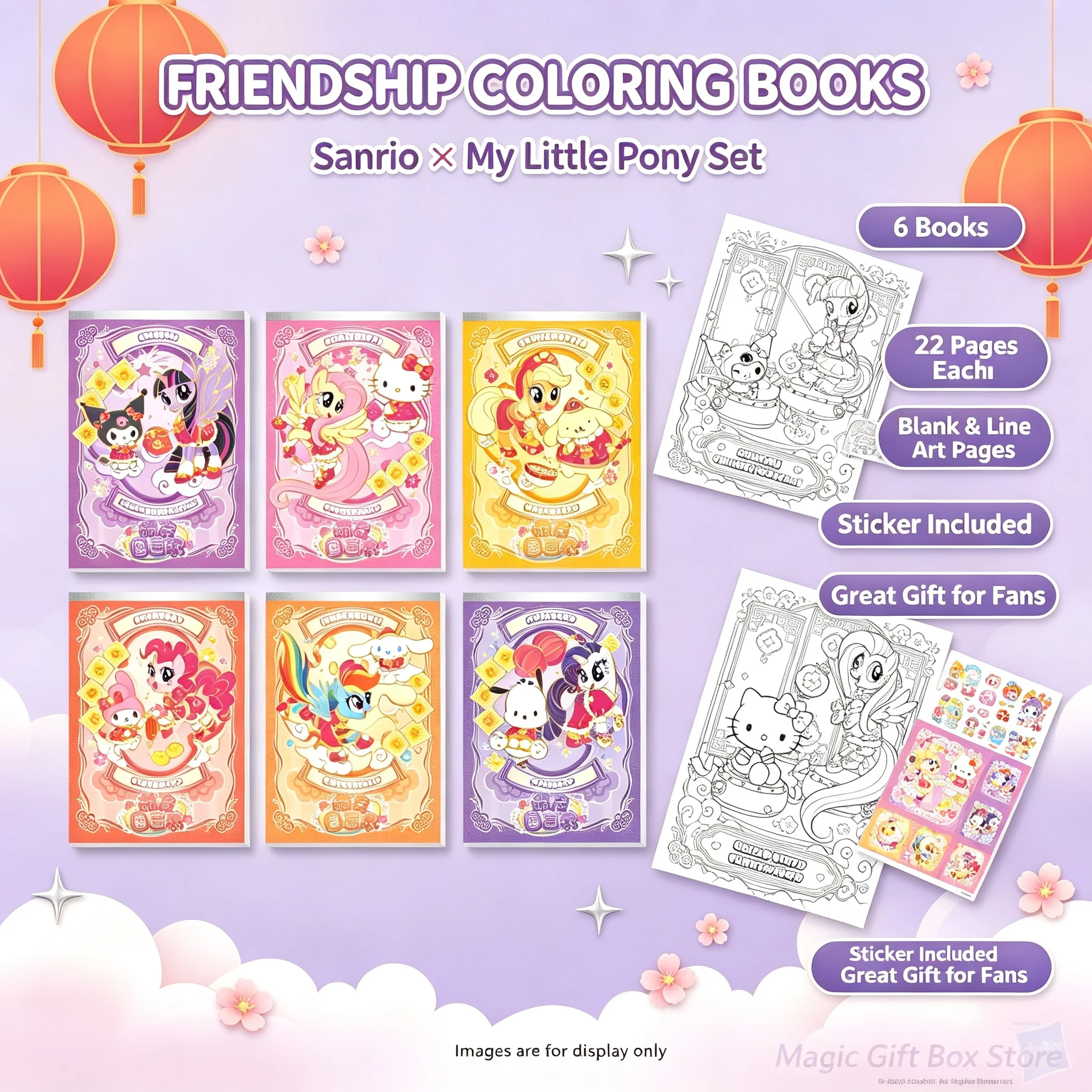 KAYOU Sanrio Characters × My Little Pony Sketch & Coloring Book Series‑1 Full Set 6Pcs Drawing Graffiti Fill‑in Book w/ Stickers