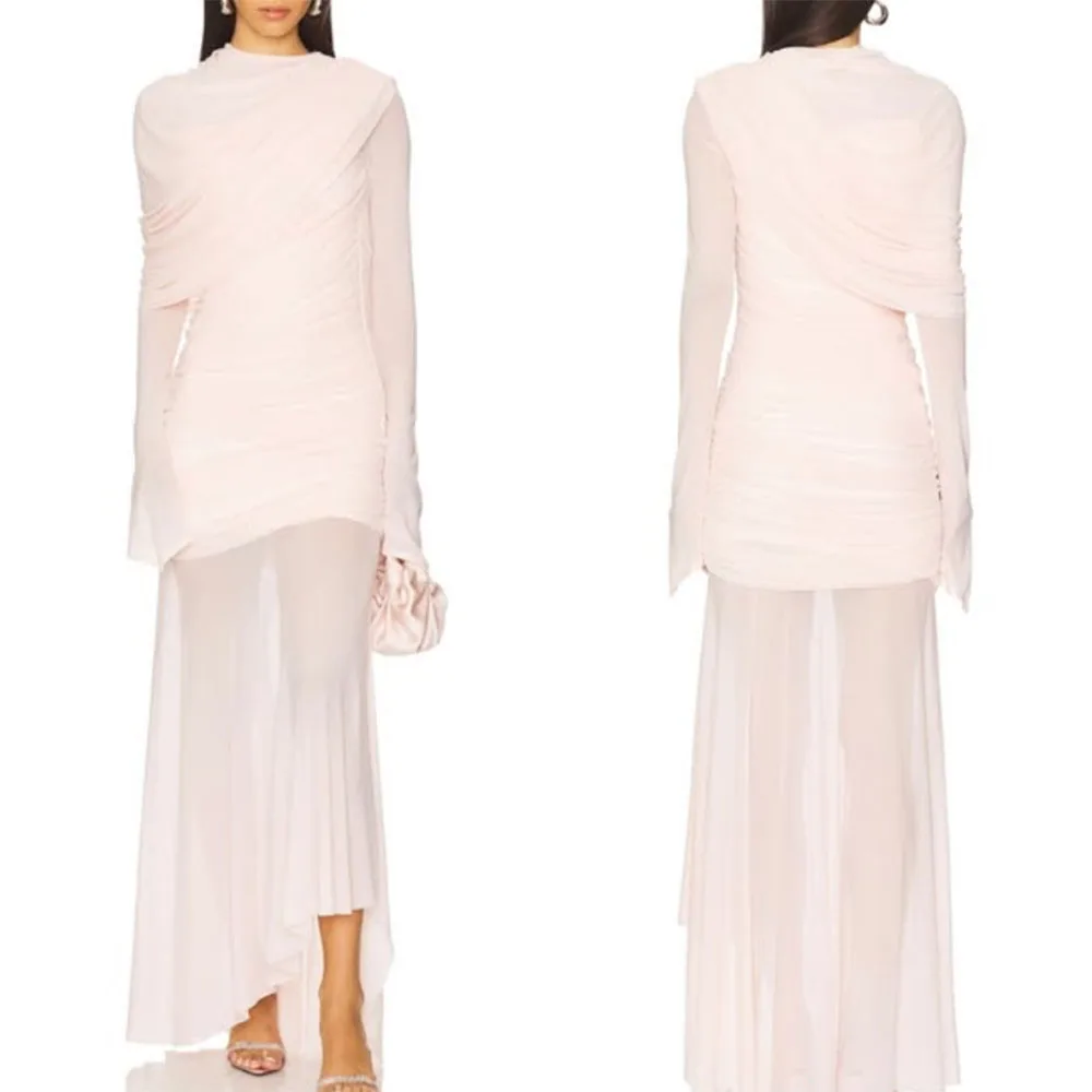 

High Quality Customized High Collar Tulle Pink Pleat Floor Length Full Sleeve Elegant Dresses for Women Robe Pour Mariage Invité