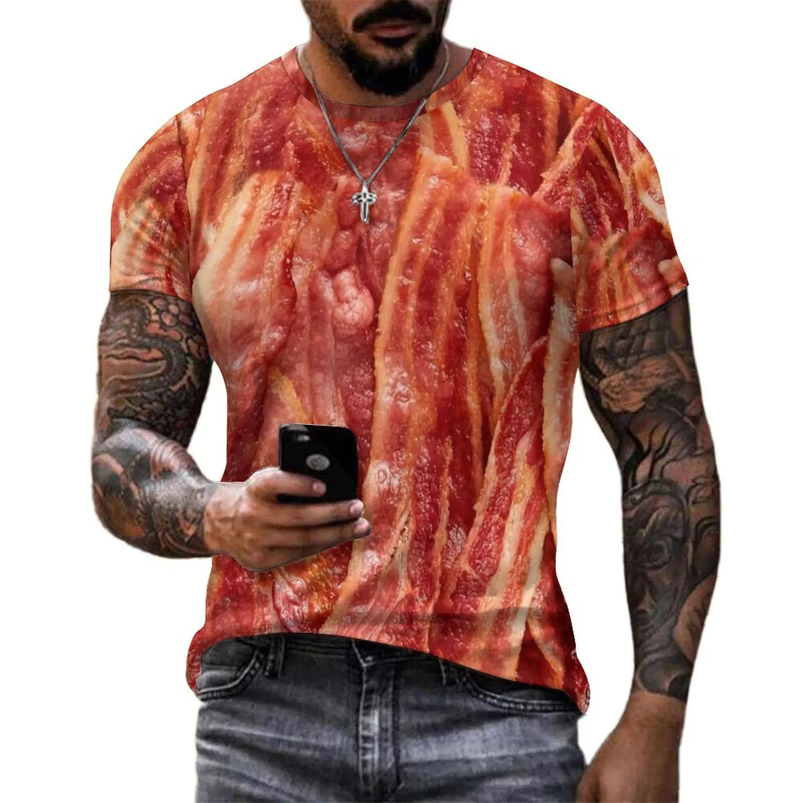 Premium T-Shirt Cooked Bacon Texture Print T Shirts  Funny Retro Tee Shirt For Male Short Sleeve Design Big Size Tops