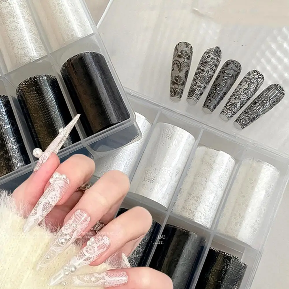 10 rollos/caja nuevas pegatinas de transferencia de uñas de encaje blanco y negro, envolturas completas de flores de encaje Sexy, calcomanías para uñas, decoraciones de manicura francesa DIY