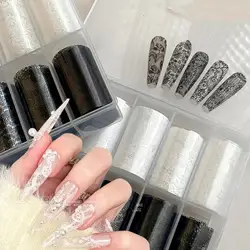 10 Rolls/Box New Black&White Lace Nail Transfer Stickers Sexy Lace Flower Full Wraps Nail Decals DIY French Manicure Decorations