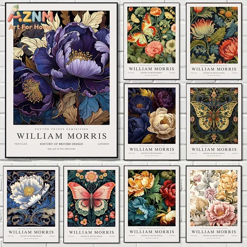 AZNM Frameless Canvas Poster William Morris Floral Print, Vintage Botanical Peony Butterfly Art Exhibition Poster Retro Wall Pic