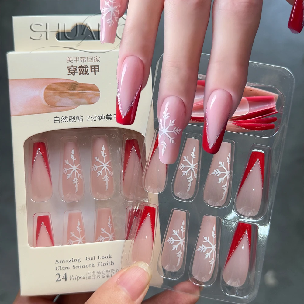 

24Pcs Long Coffin Snowflake Christmas Press on Nails Glitter Red French Wearable False nails Acrylic Full Cover Xmas Fake Nails*