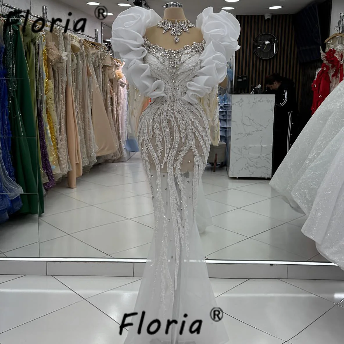 

Gorgeous White Beaded Mermaid Evening Dress Crystal Lace Ruffled Design Wedding Party Dresses Dubai Ceremony Long Vestidos Gala