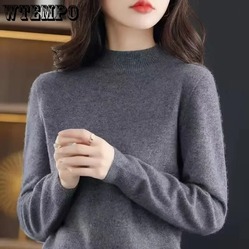 WTEMPO Knitted T-shirt Spring Summer Women\'s Half High Neck Knitwear Pullover Short Sleeve Slim Knit Tops Jumpers Sweater