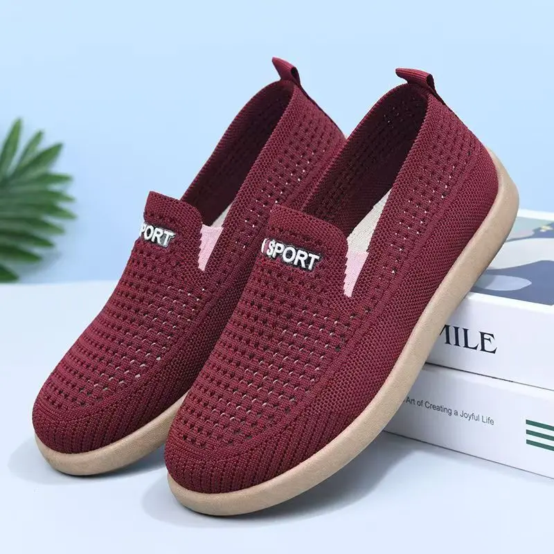 المرأة الربيع الصيف شقة وحيد شبكة حذاء كاجوال لينة وحيد عدم الانزلاق تنفس جولة تو الانزلاق على أحذية منتصف العمر وكبار السن