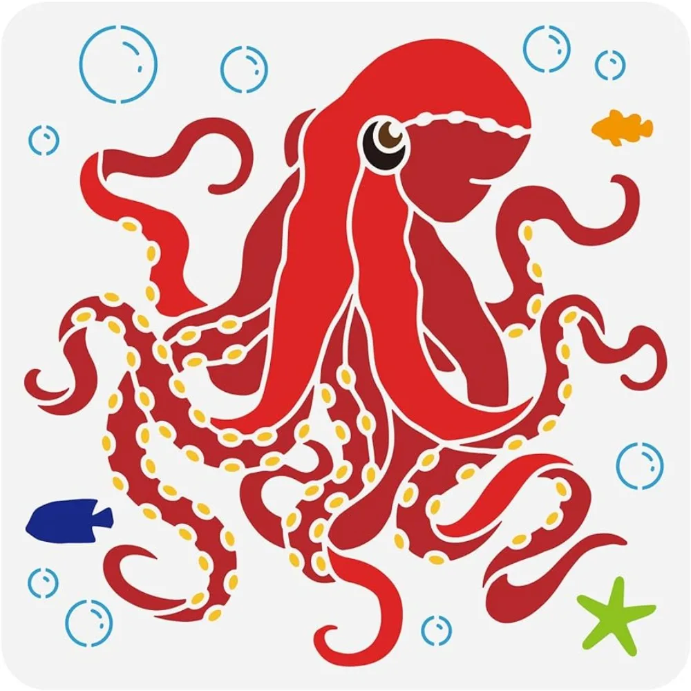 Octopus Pattern Stencil for Painting 11.8x11.8 inch Reusable Sea Creatures Craft Stencil Hollow Out Ocean Starfish Sea Fish