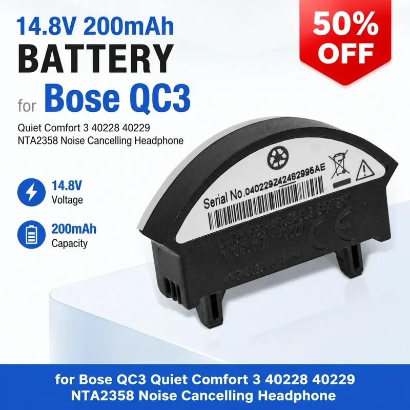 

14.8V 200mAh Battery for Bose QC3 Quiet Comfort 3 40228 40229 NTA2358 Noise Cancelling Headphone