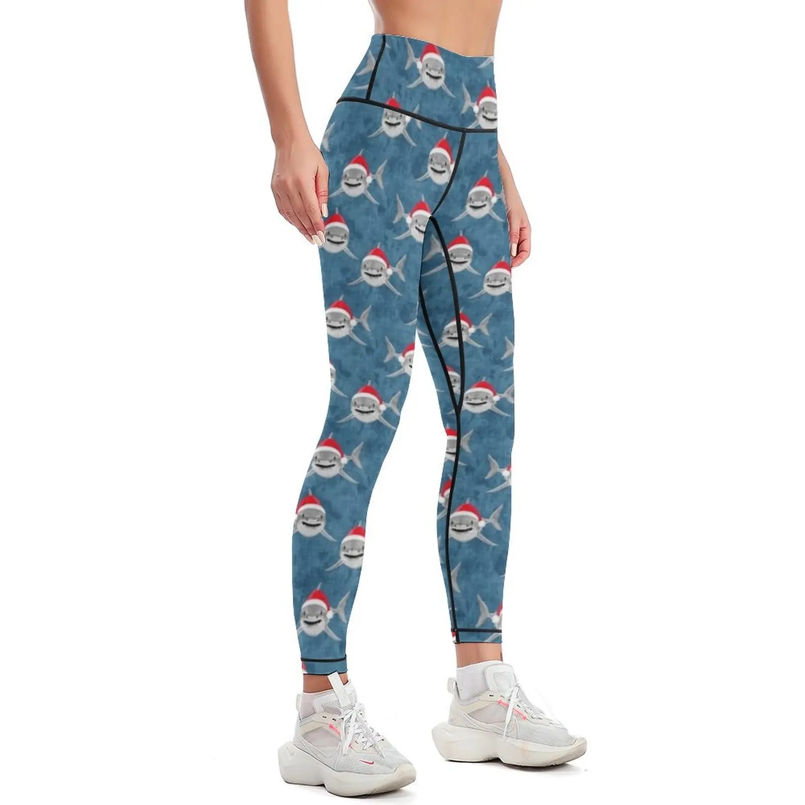 Santa Sharks - blue - Christmas shark Leggings flared Female legging pants Womens Leggings