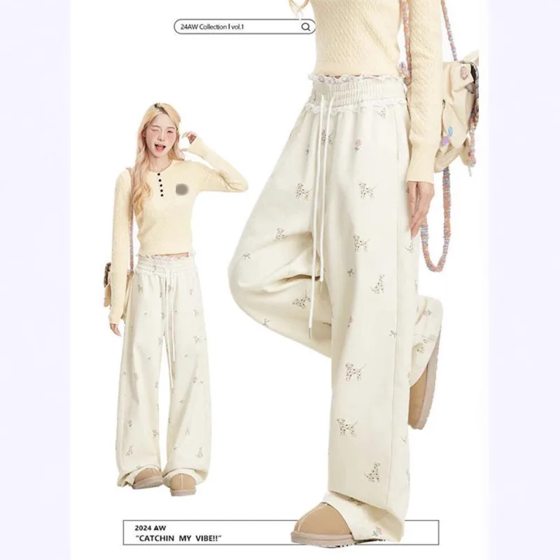 

Dog Print Pants Y2K Casual Sweatpants Women Eur Usa 4season Loose Straight Leg Pants Lace Splicing Strap Hanging Feeling Pants