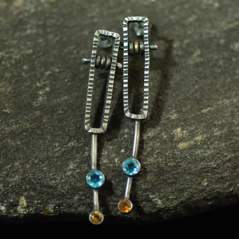 BKBK Textured Open Rectangular Frame Two-Tone Metal Blue Topaz Citrine Long Linear Dangle Women Earrings Wedding Earrings for Christmas Valentine 4th of July Industrial Modern Bridal Jewelry for Brides Bridesmaids Adult Ladies Art Gallery Daily Occasion