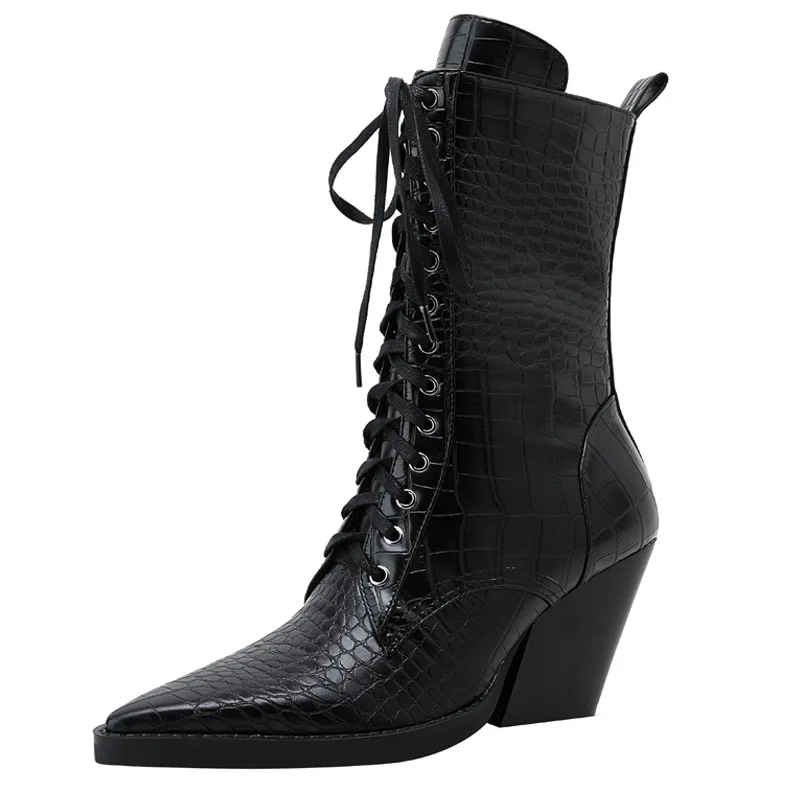 New Retro Western Boots Side Zipper Knight Boots Women Pointed Toe Ankle Boots Women Thick High Heels Fashion Botines Mujer
