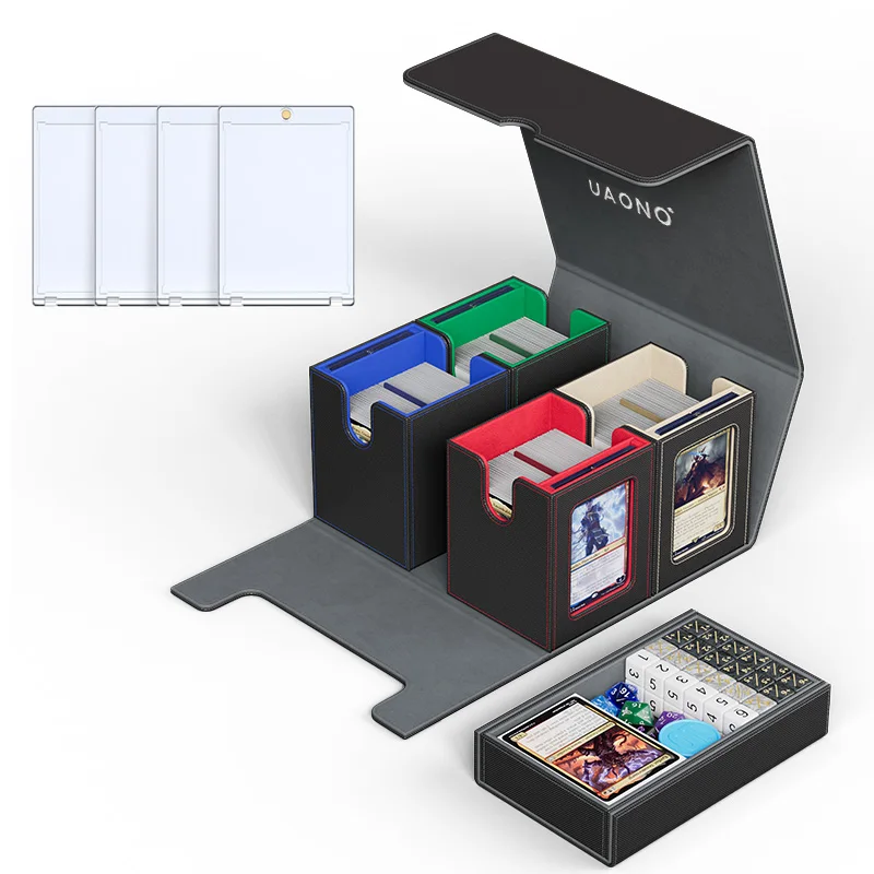 Trading Card Storage Box with Display Window,Holds 400+ Double-Sleeved Cards with Dice Tray & Magnetic Holders for TCG Card
