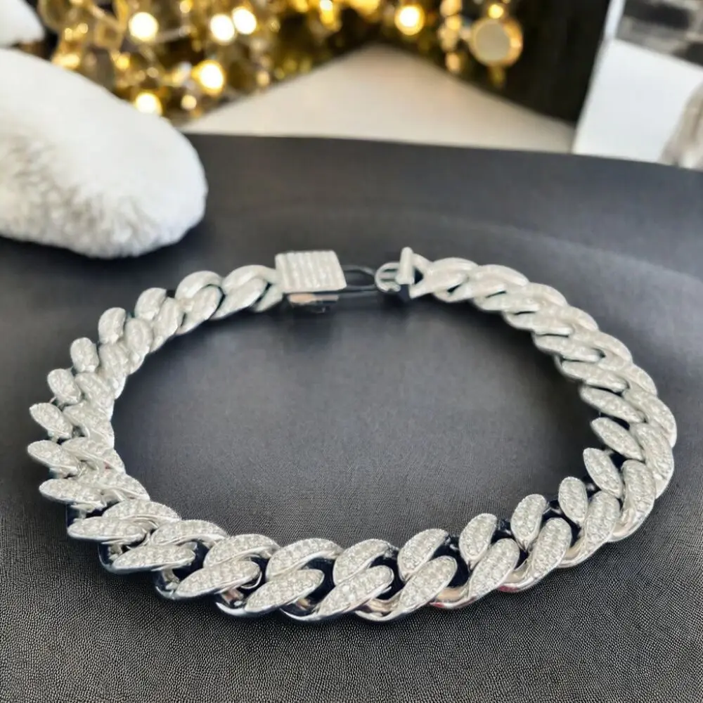 

12MM Iced out Moissanite Diamond Cuban Link Chain Bracelet in 925 Sterling Silver Moissanite Cuban Bracelet