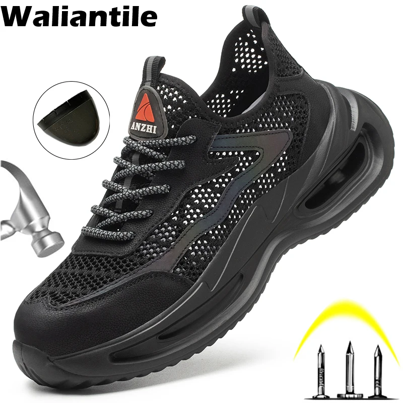 Waliantile Summer Safety Shoes For Men Construction Work Anti-smashing Lightweight Working Boots Breathable Steel Toe Sneakers