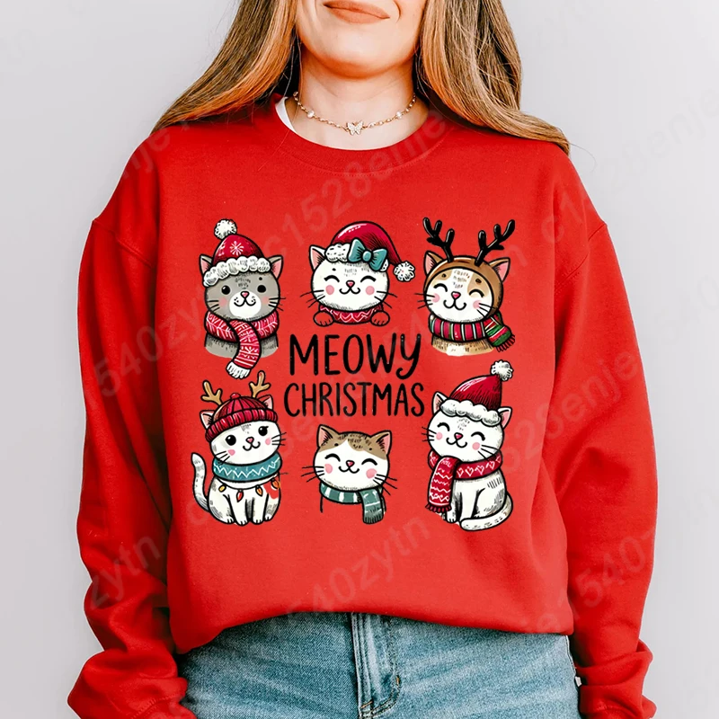 

Cat Meowy Christmas Graphic Crew Neck Sweatshirts New Fashion Women's Clothing Ladies Casual Pure Color Hoodeless Pullovers Tops