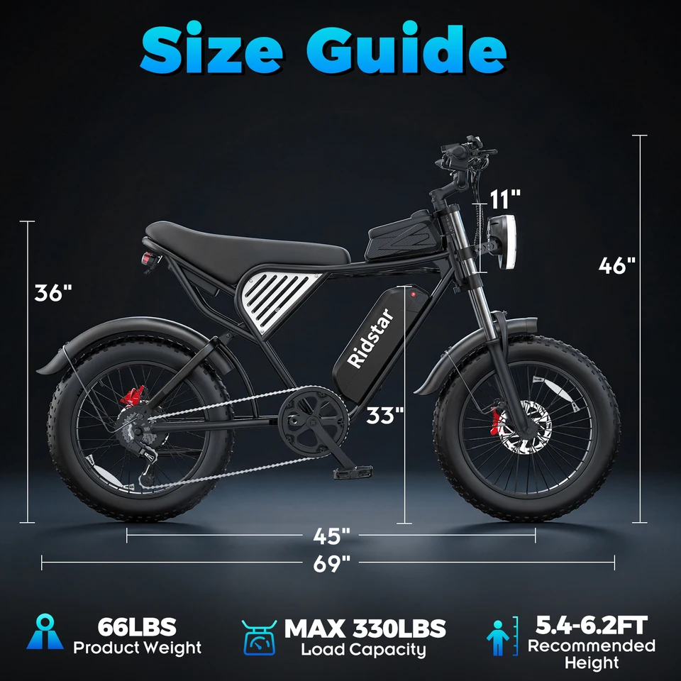 Ridstar Q50-25 2000W Electric Bike for Adults 48V 25Ah Detachable Battery 7 Speed 88 Miles Electric Motorcycle 20’’ Fat Tire E-Mou image 7