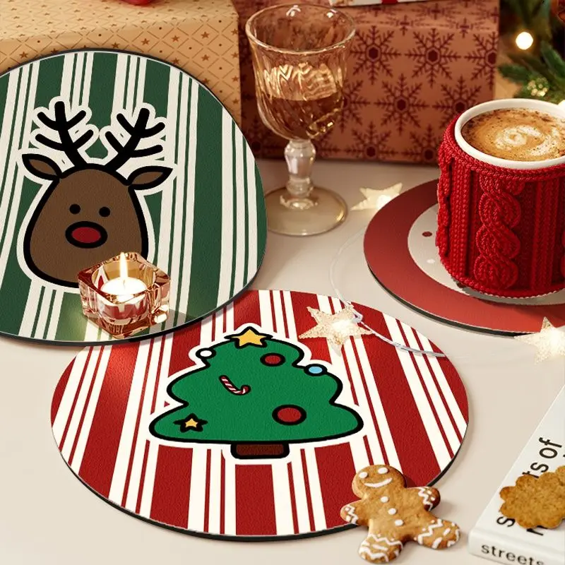 Christmas Style Circular Coaster No Wash Anti Slip Absorbent Pad Desktop Decoration Heat-insulating Placemat Home Decoration