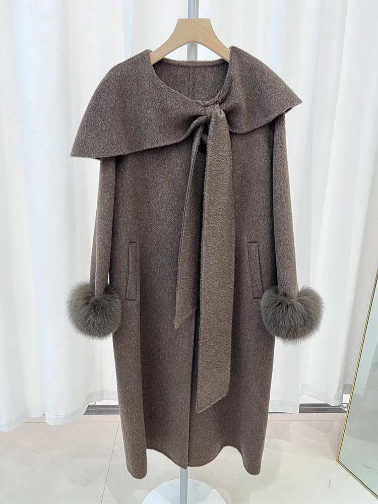 

Женское длинное кашемировое шерстяное пальто из натурального лисьего меха, зимняя куртка с манжетами из натурального лисьего меха, женская верхняя одежда, уличное пальто